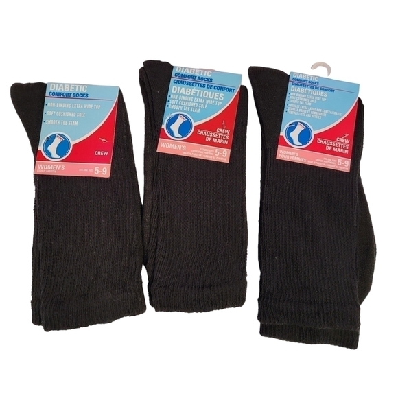 DIABETIC Comfort Crew Socks Women - Fits Size 5- 9 - Black - New - Three Pairs - Picture 1 of 4